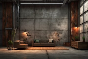A backdrop for an industrial interior with rough flooring, indirect lighting, and concrete walls. Generative AI - obrazy, fototapety, plakaty