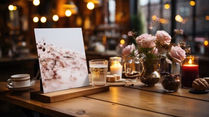 Naklejka na ściany i meble menu board on mable top table with blurred of coffee shop background