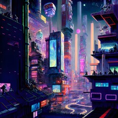 A sprawling metropolis made entirely of gleaming chrome and neon lights where towering skyscrapers reach towards a sky filled with hovering vehicles The streets are bustling with a diverse array of 