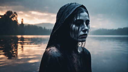 Ai generative photo of a mourning pale woman with a lake as a background. 