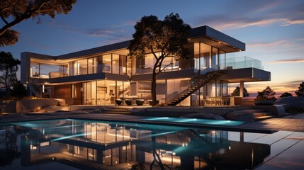 Fototapeta na wymiar Modern architecture with a pool, concrete and glass facade at sunset