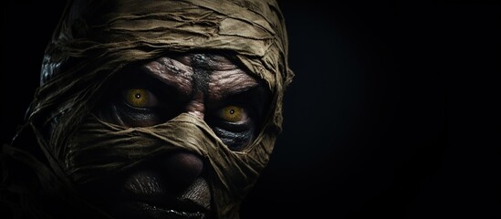 close-up of scary mummy with glowing eyes