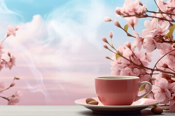 Springtime coffee moment with available text space. Generative AI