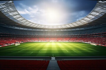 3D render of a soccer stadium with a cut of the ground. Generative AI - obrazy, fototapety, plakaty