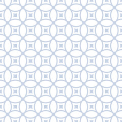 Elegant vector geometric seamless pattern with rounded grid, mesh, lattice, circles, squares, repeat tiles, curved lines. Simple abstract blue and white background. Delicate vector ornament texture
