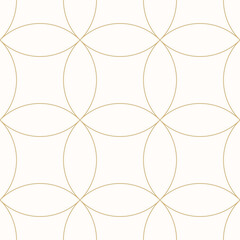 Golden vector minimal seamless pattern with circular grid, thin curved lines. Simple elegant geometric background with mesh, lattice. Subtle luxury gold and white ornament. Abstract minimalist texture - obrazy, fototapety, plakaty
