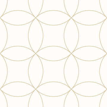 Golden vector minimal seamless pattern with circular grid, thin curved lines. Simple elegant geometric background with mesh, lattice. Subtle luxury gold and white ornament. Abstract minimalist texture