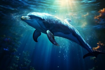 Dolphin swimming under water with shimmering light reflecting off rippling waves on its back. Generative AI - obrazy, fototapety, plakaty