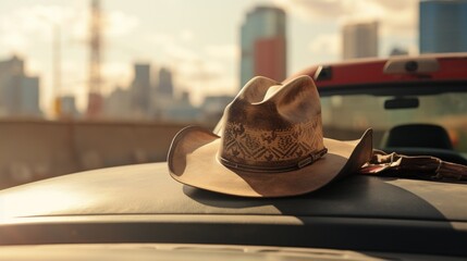 Close-up of a stylish cowboy hat resting on the weathered dashboard of a pickup truck parked in the heart of a bustling city - Powered by Adobe