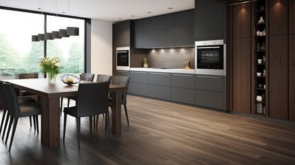 Modern kitchen concept with dark gray furniture and shiny old wooden floor