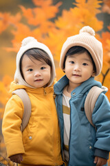Adorable Chinese infants enjoying autumn season in the park. Causal vertical portrait