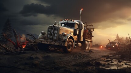 old truck with dark cloudy sky - obrazy, fototapety, plakaty