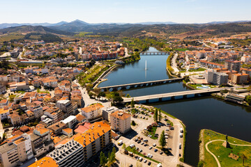 Aerial photo of Mirandela with view of Tua river, Terras de Tras-os-Montes, Portugal.