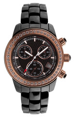 Luxury black red and gold wrist watch with diamonds and tachymeter isolated on transparent png background.