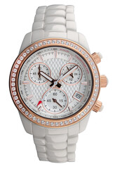 Luxury white red and gold wrist watch men with diamonds and tachymeter isolated on transparent png background.