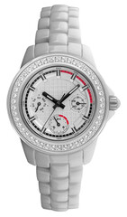 Luxury round white red and silver wrist watch women with jewels and diamonds isolated on transparent png background.