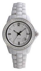 Luxury silver wrist watch women with diamonds isolated on transparent background in png format.