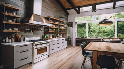 Modern kitchen interior with cooktop and chimney above the stove - obrazy, fototapety, plakaty