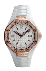 Luxury white and gold wrist watch men in octagonal face with jewels and diamonds isolated on png transparent background.