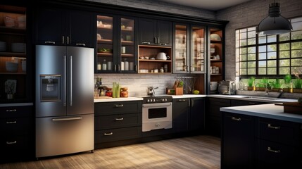 Modern kitchen interior with dark colored cabinets and refrigerator