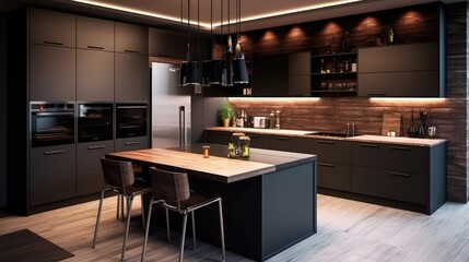 Modern kitchen interior with dark colored cabinets and refrigerator