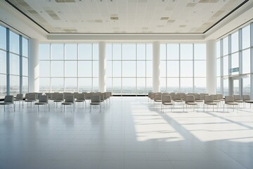Empty meeting space with no furniture. Generative AI