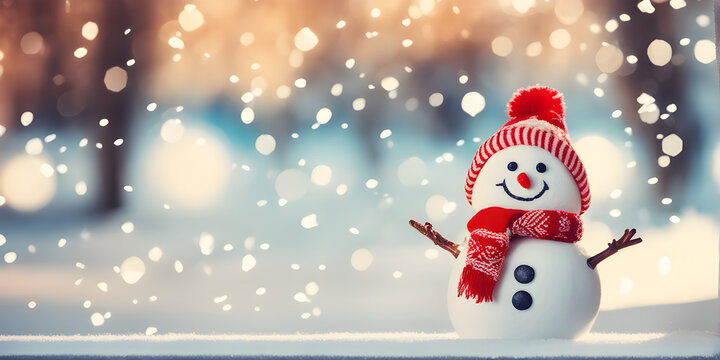 Christmas ornament featuring a delightful, happy snowman amidst snowy winter scenery in a lovely park with enchanting bokeh