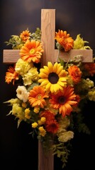Concept photo of a rustic wooden cross embraced by a stunning array of sunflowers, marigolds, and daffodils, signifying the resurrection as a source of hope and light in Easter Resurrection