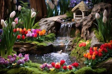 An idyllic scene of a burbling waterfall cascading down into a pond, surrounded by lush greenery and colorful tulips, with an empty tomb nestled in the midst, proclaiming the triumph of life