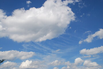 Overcast at different heights. Light blue sky, high cirrus clouds and low cumulus clouds float across the sky. Descent clouds are translucent, dense white cumulus clouds.