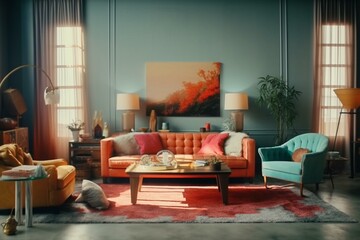 Cinematic aesthetic: professionally colored shots of a contemporary living room. Generative AI