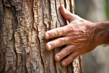 Closeup of a pair of hands resting on a tree trunk, fingers tracing the delicate patterns of bark while the person silently recites prayers of gratitude.