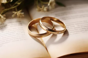 Poster A touching image of two wedding rings gently p on the pages of an open Bible, reminding us that a marriage rooted in faith can weather any storm and withstand the test of time. © Justlight