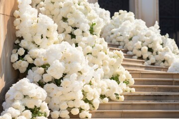 Closeup of a stairway made entirely of flowers, each step crafted from a different type of bloom. At the top, a breathtaking sight awaits an immense cross made of pure white roses.