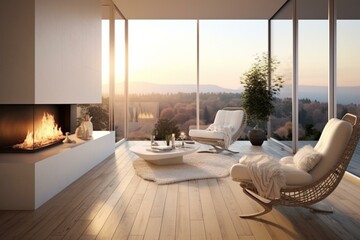 Sleek white living space with contemporary fireplace, cozy chair, parquet floor, terrace view, and luminous backdrop. Generative AI - obrazy, fototapety, plakaty