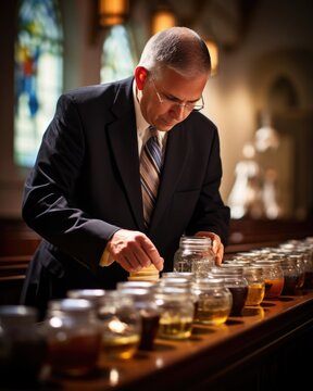 Concept photo of a church member helping to prepare the Communion elements, highlighting the sense of community and unity in participating in this sacred ritual together.