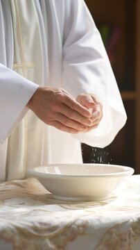 Concept photo of a priest or minister wiping the chalice and paten with a white cloth, representing the cleansing and purification of our souls through the Communion sacrament.