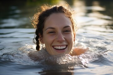 Closeup of a persons face, filled with pure joy and peace, as they rise from the water after being baptized in a serene pond.