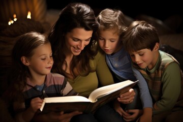 Closeup of a parent reading a bible story to their children, with the kids eagerly participating and asking questions. - obrazy, fototapety, plakaty