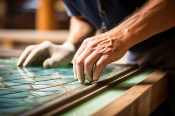 Fototapeta na wymiar Closeup of an artisan gently sanding down the edges of a newly piece of stained glass, ensuring a perfect fit within a larger panel and creating a seamless transition between pieces.