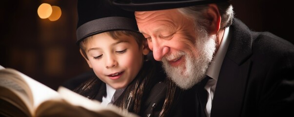 Closeup of a father and son wearing matching yarmulkes, reading from the Torah at a bar mitzvah ceremony.
