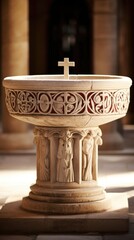 Closeup of a baptismal font made of stone, adorned with intricate designs and symbols representing the congregations beliefs and customs surrounding baptism.
