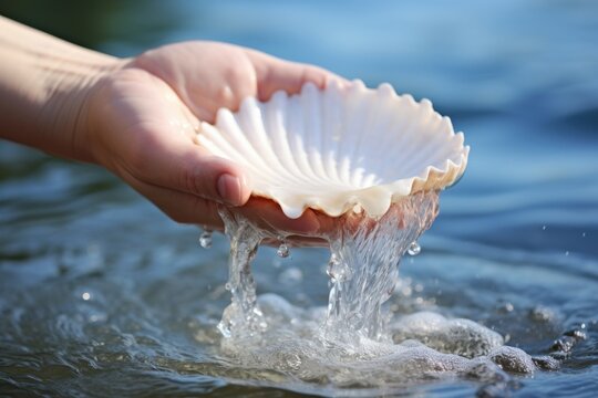 Closeup of a hand dipping a seashell into the ocean, as the water is poured over a persons head, symbolizing the cleansing waters of baptism.
