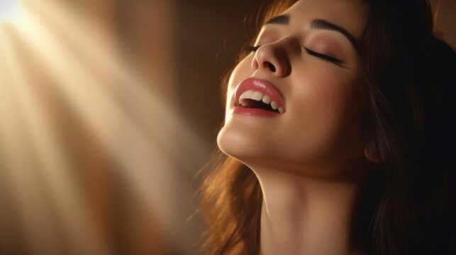Closeup of a soprano singer hitting a high note with perfect pitch, her eyes closed in pure bliss.