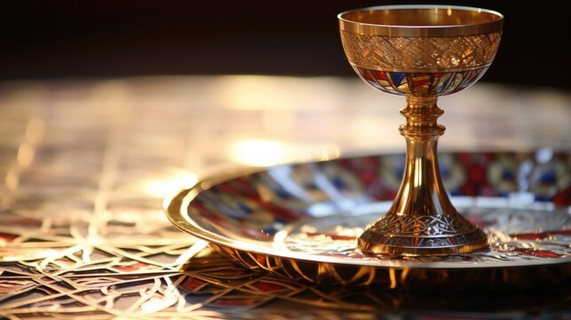Closeup of a chalice and a set of communion patens, used in the churchs Holy Communion service, representing the centrality of the sacrament in the congregations worship.