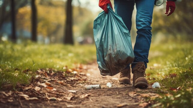 Closeup Of A Persons Feet, Walking Through A Littered Park With A Trash Bag And Gloves In Hand. They Are Picking Up Garbage, Not For Recognition But Out Of Reverence For The Environment And