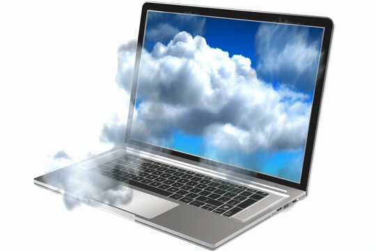 Laptop displaying cloudy sky image, representing cloud computing. Isolated on transparent background. Generative AI