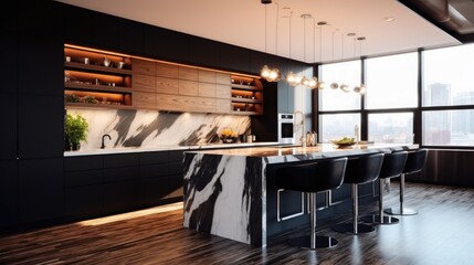 Obraz premium Modern kitchen with black cabinets, combined with white marble tables and shiny brown wooden floors