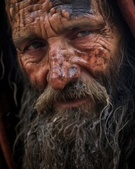 Closeup of a pilgrims weathered face, tears streaming down their as they recall a particularly powerful and emotional moment on their journey. The raw emotion on their face is a testament