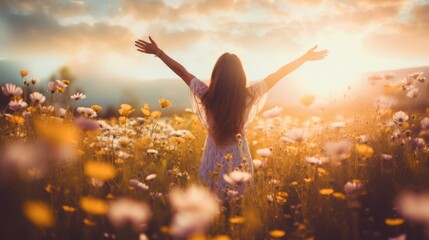 A person standing amidst a field of wildflowers, stretching their arms out to embrace the suns warm rays and feel the earth beneath their feet.